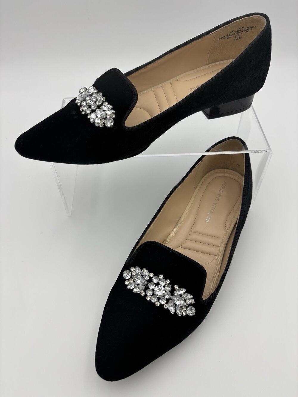 Adrienne Vittadini Palo Black Velvet Crystal Flats Loafers Size 8.5